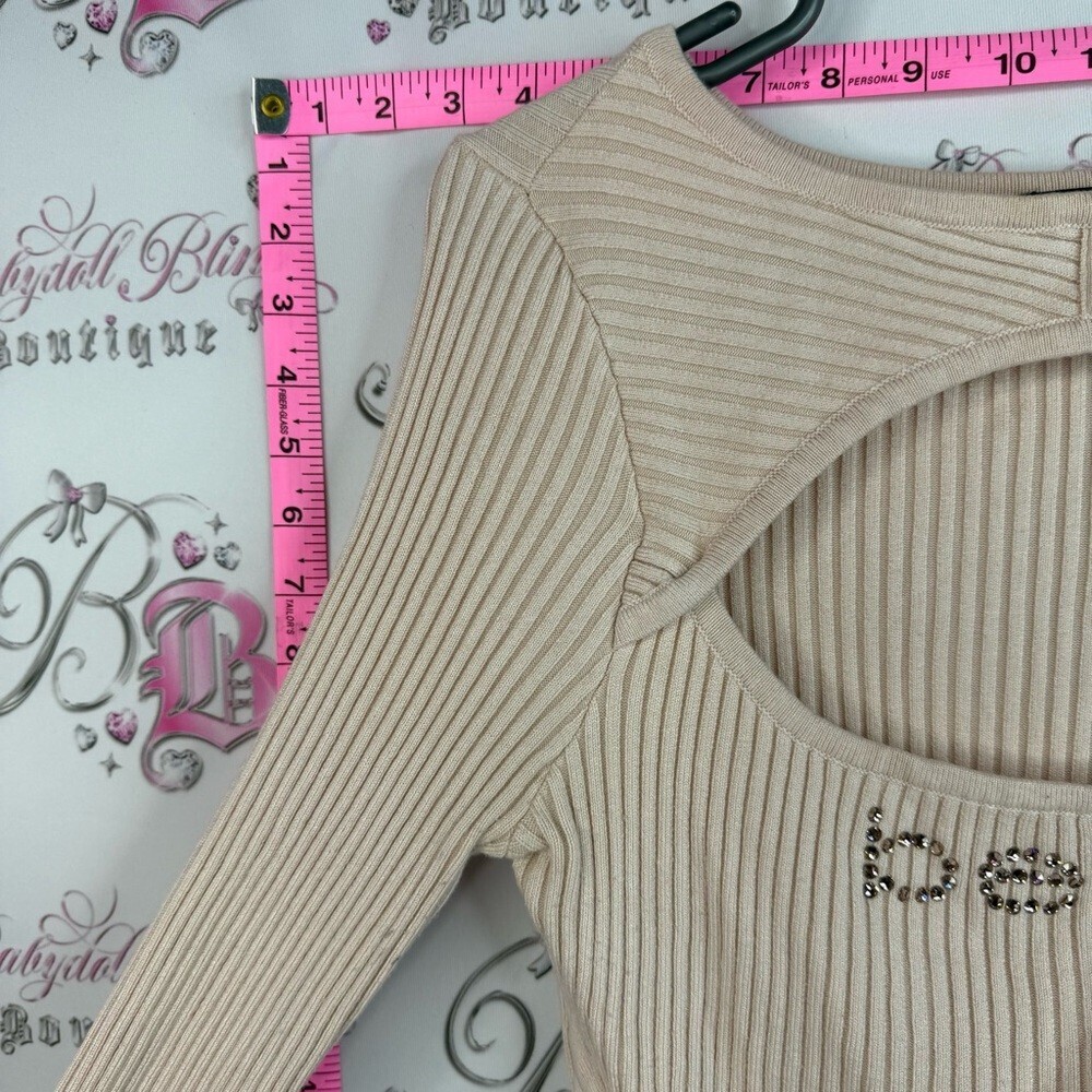 bebe long sleeve Swarovski Beige Ribbed Open cut out front Long Sleeve Top - Picture 10 of 13